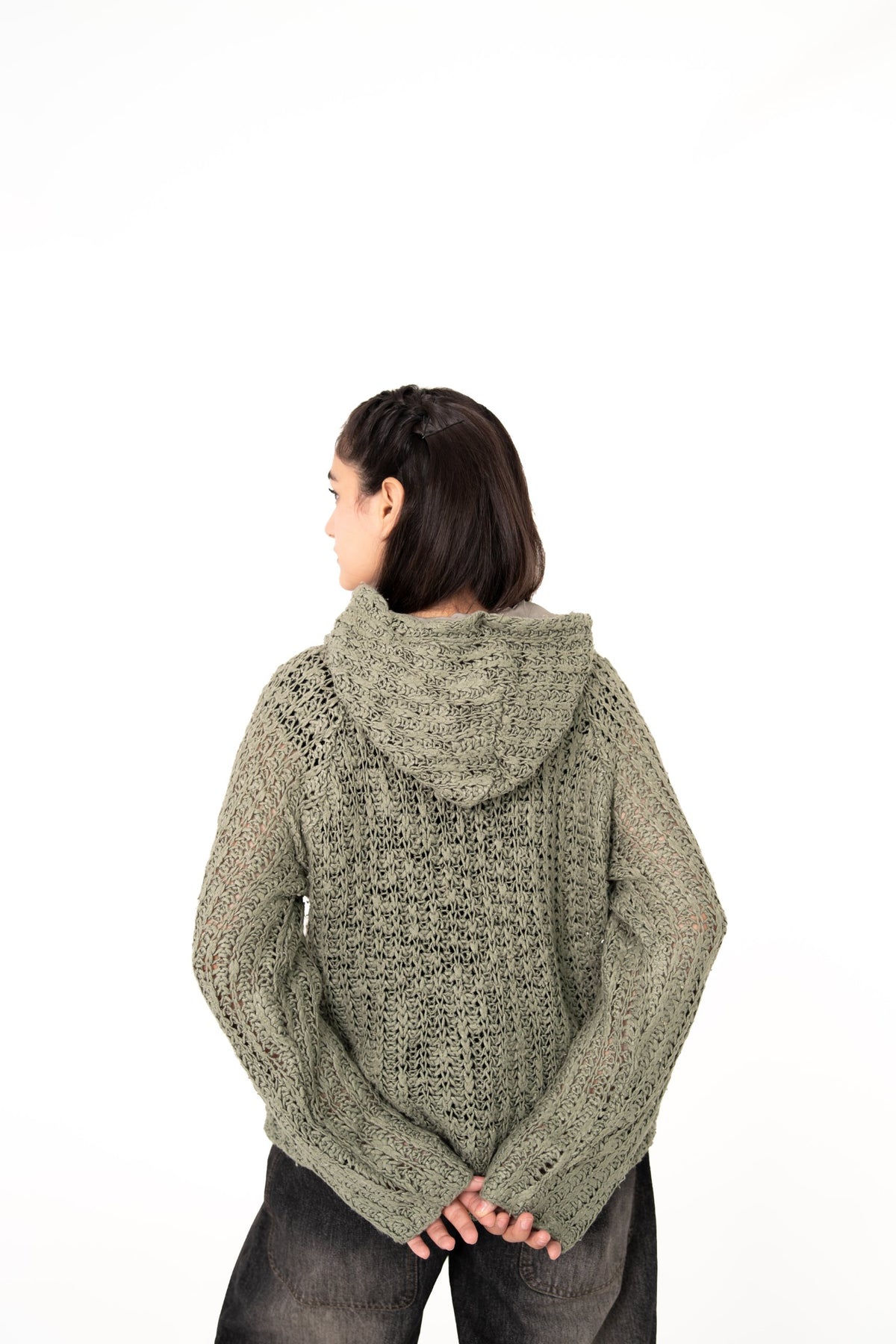 Sage Advice sage green crochet hoodie back view showing hood and openwork texture