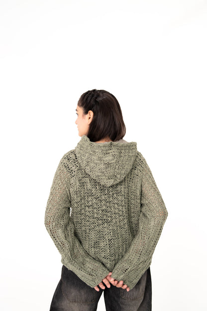 Sage Advice sage green crochet hoodie back view showing hood and openwork texture
