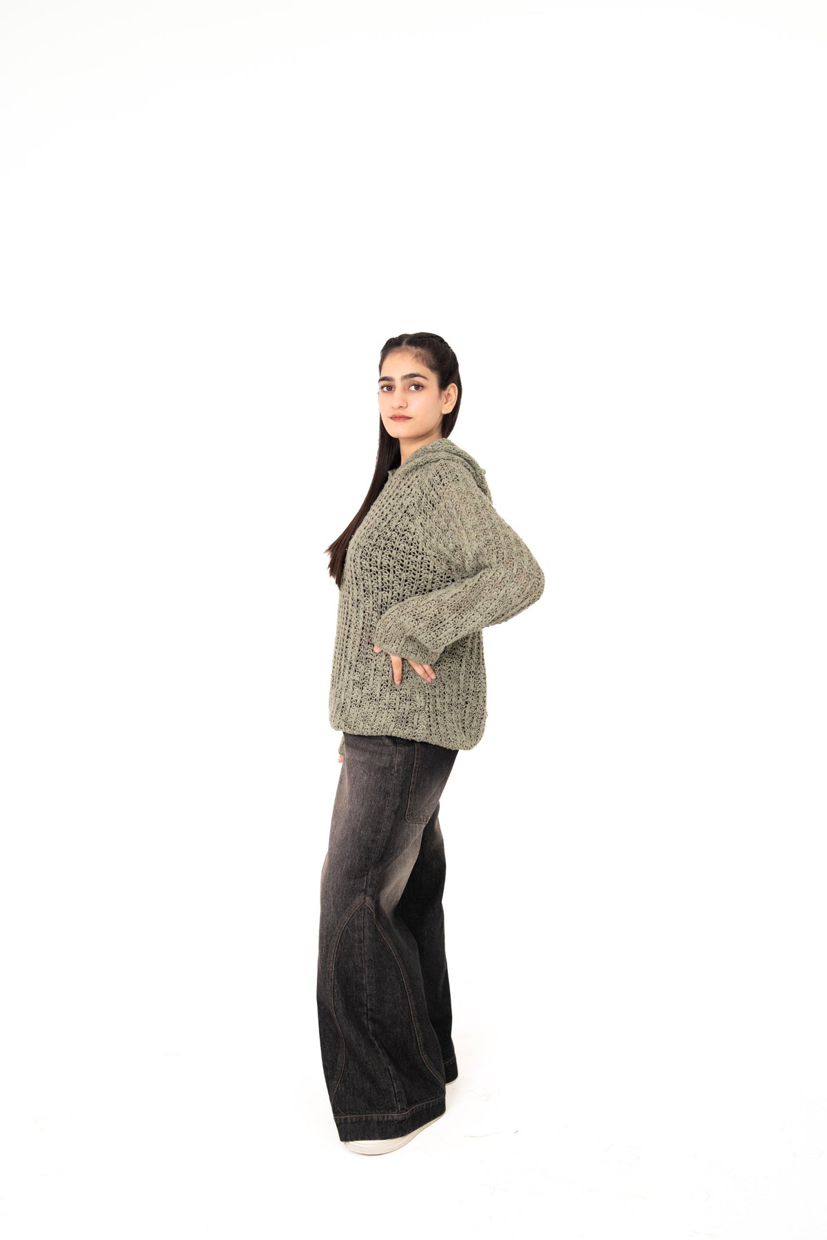 Sage Advice relaxed-fit crochet hoodie side view with wide-leg washed black jeans