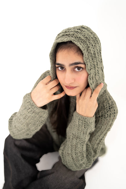 Sage Advice handmade sage green openwork crochet hoodie, hood up close-up
