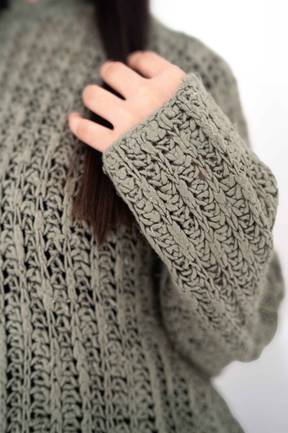 Sage Advice crochet hoodie stitch detail showing textured openwork sleeve