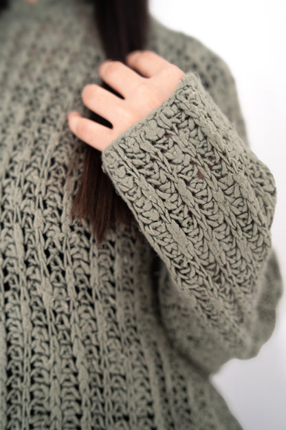 Sage Advice crochet hoodie stitch detail showing textured openwork sleeve