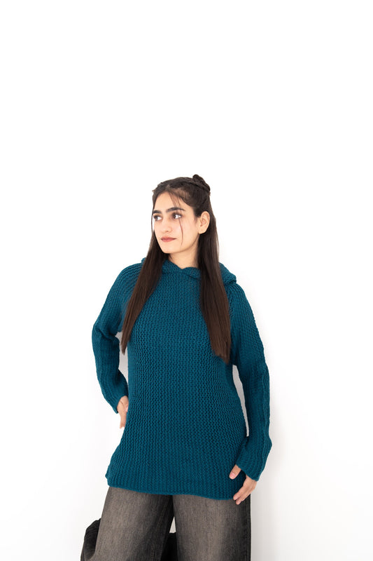 Teal Deal handmade deep teal crochet hoodie, front view with textured open stitch