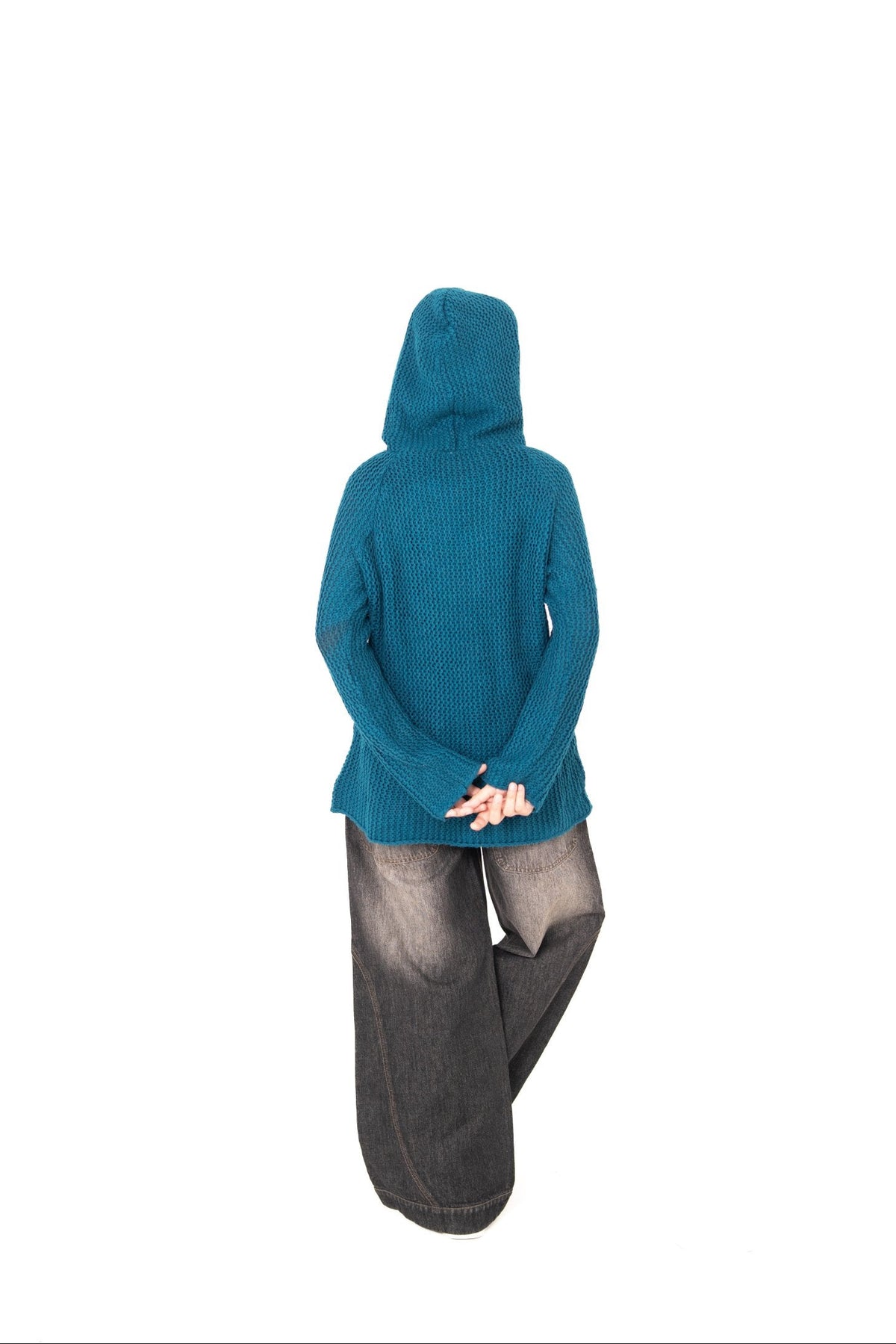 Teal Deal deep teal crochet hoodie back view with hood up