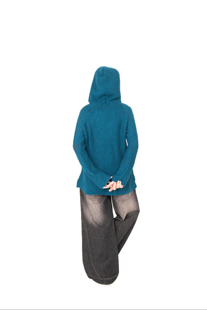 Teal Deal deep teal crochet hoodie back view with hood up