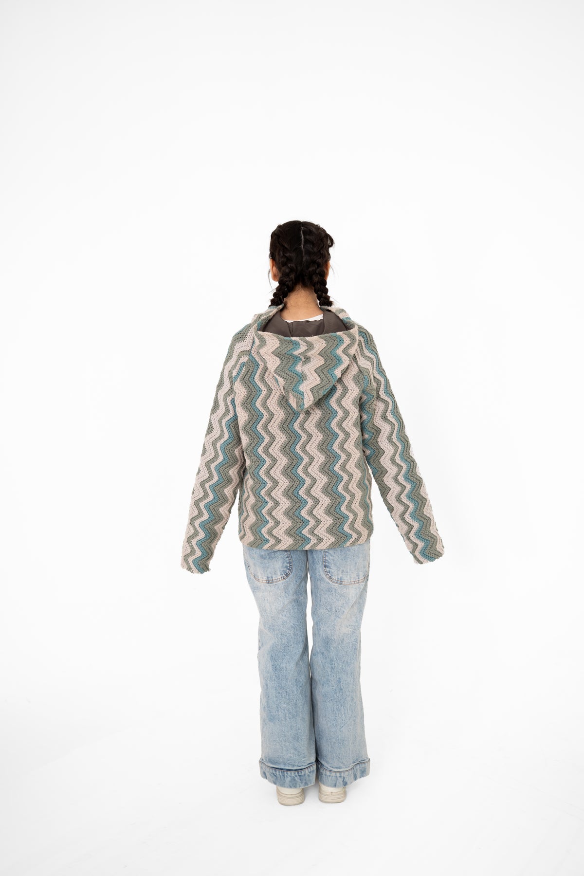 Tidal Shift sage and blue chevron handmade crochet hoodie, back view – POSHERI Loop de Loop