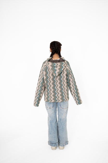 Tidal Shift sage and blue chevron handmade crochet hoodie, back view – POSHERI Loop de Loop