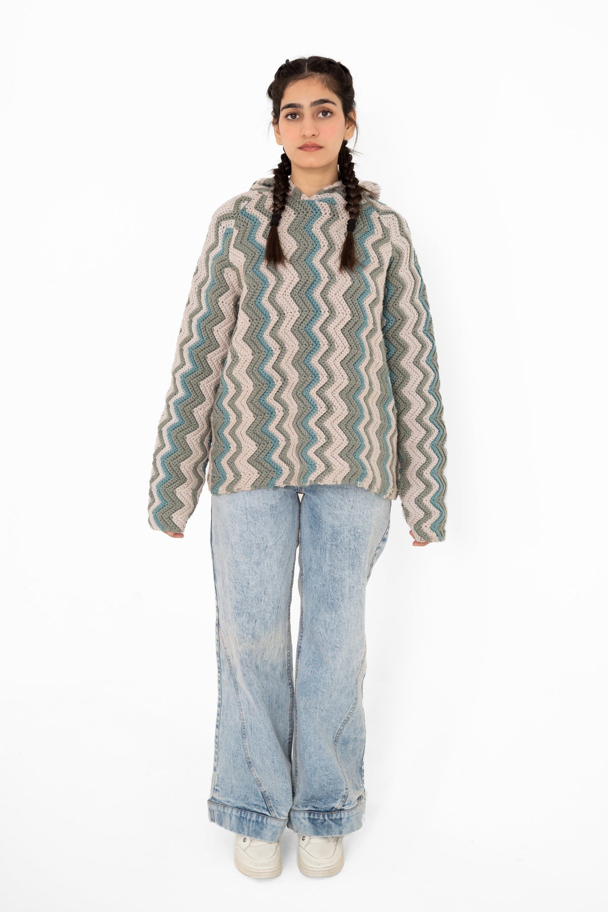 Tidal Shift sage and blue chevron handmade crochet hoodie, front view – POSHERI Loop de Loop