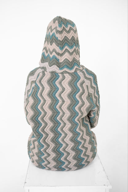 Tidal Shift crochet hoodie, back of hood showing zigzag chevron stitch pattern – POSHERI