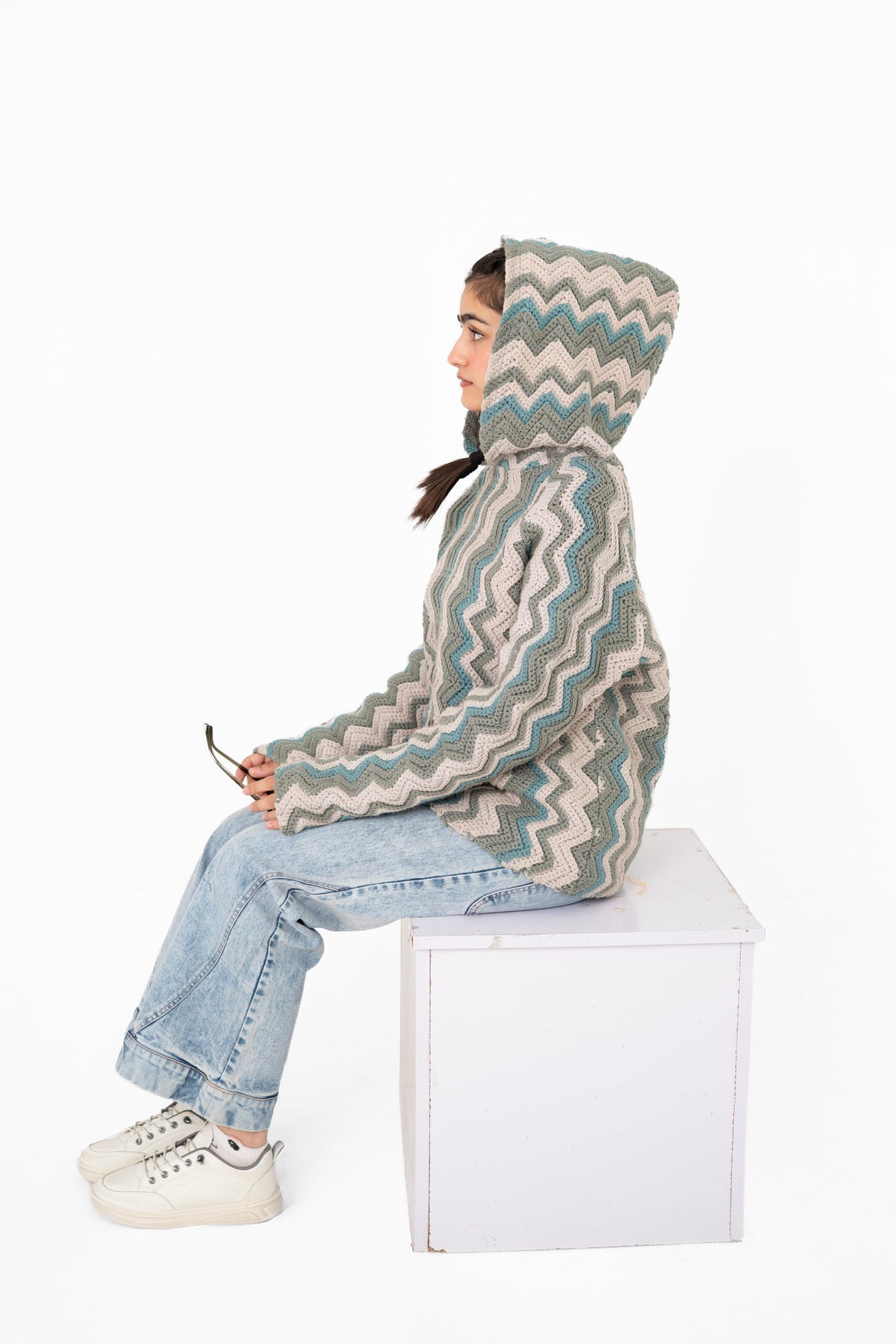 Tidal Shift sage and blue chevron crochet hoodie, side view with hood up – POSHERI