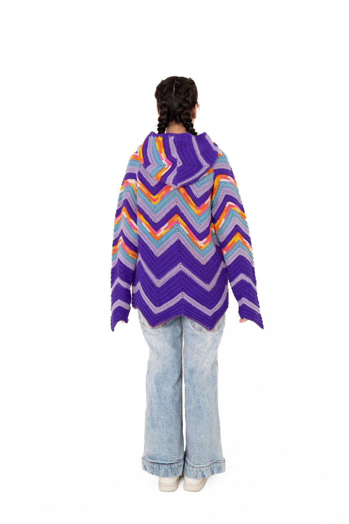 Violet Voltage purple multicolour chevron handmade crochet hoodie, back view – POSHERI Loop de Loop