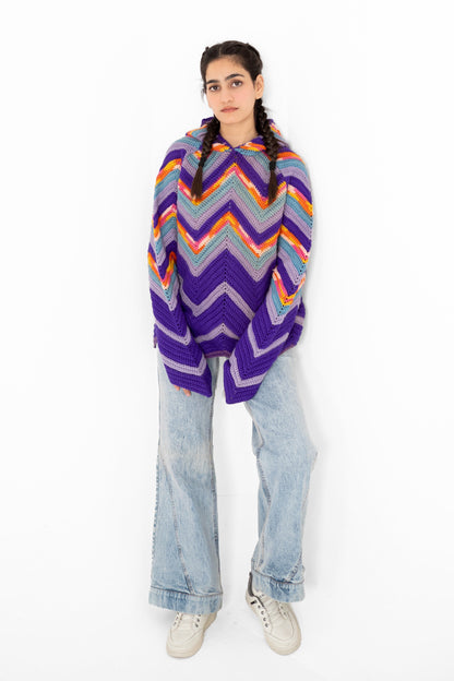 Violet Voltage purple multicolour chevron handmade crochet hoodie, front view – POSHERI Loop de Loop
