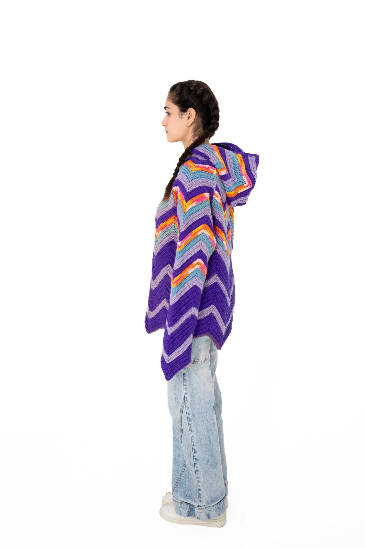 Violet Voltage purple chevron crochet hoodie, side view showing hood and zigzag hem – POSHERI